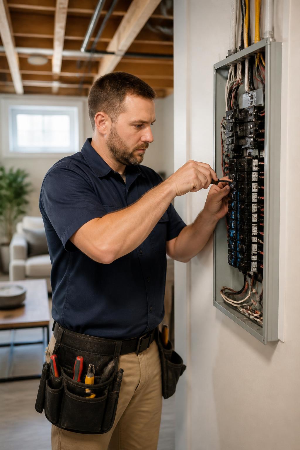 Licensed residential electrician servicing a home electrical panel